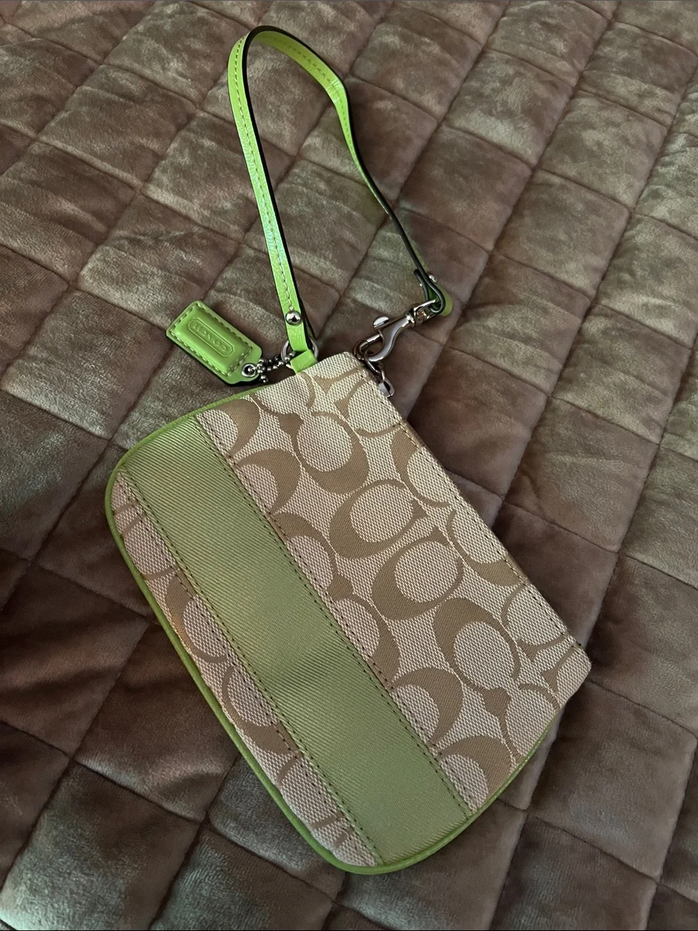 Coach Khaki Jacquard Wristlet with Lime Trim